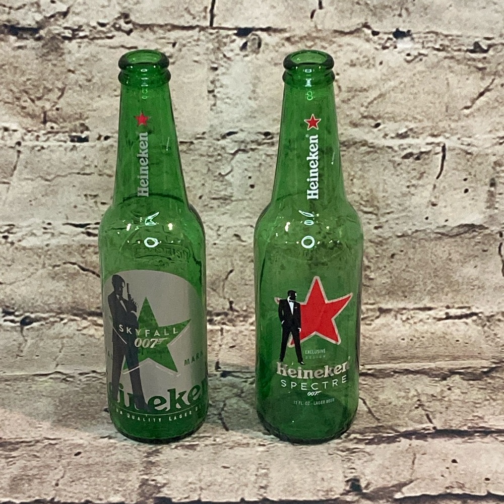 Set of 2 Vintage James Bond Heineken Green Bottles
